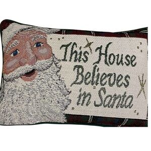 Vintage This House Believes In Santa Needle Point Tapestry Christmas Pillow 12x8
